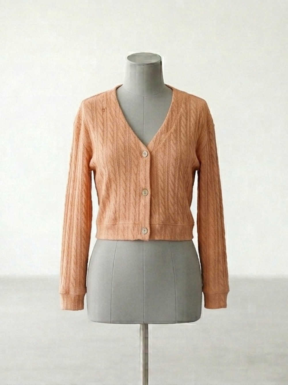 Olive & Oak Peach Cable Knit V-Neck Button Cardigan